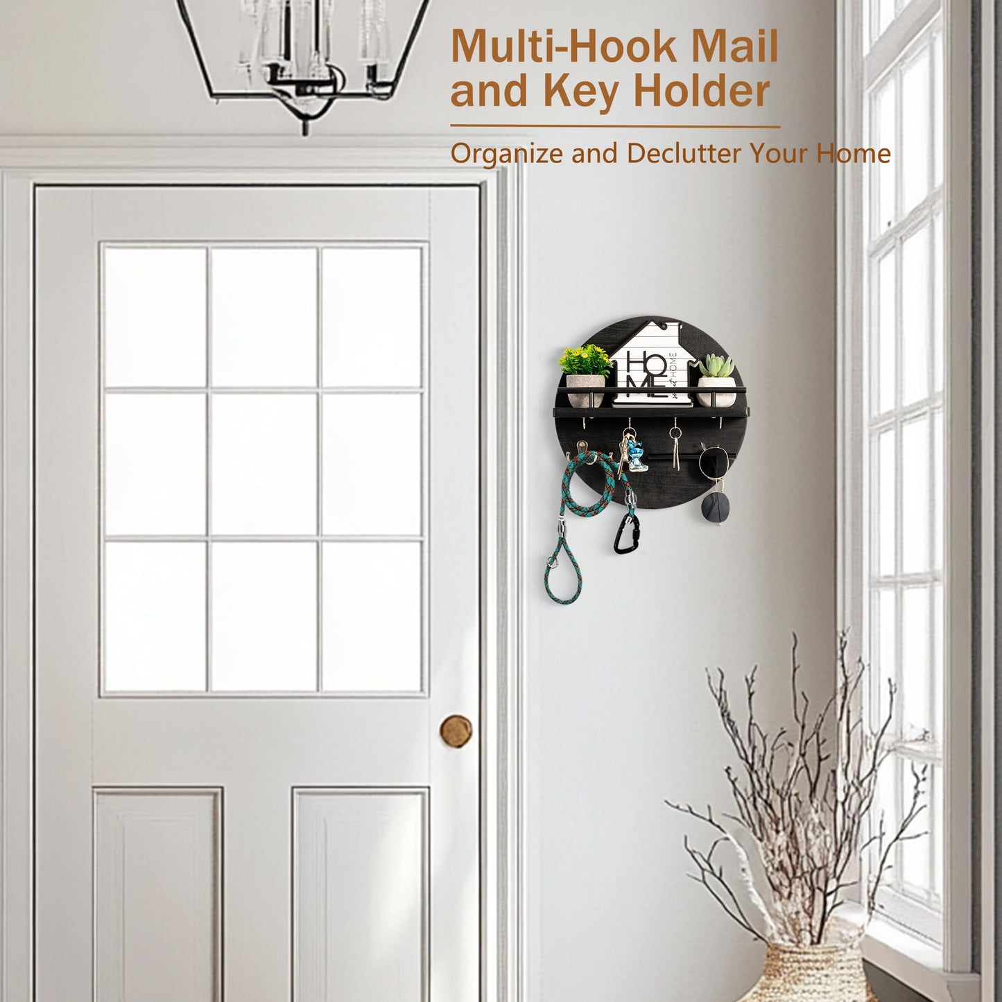 dreampossible Key Holder for Wall Decorative with Shelf and Hooks, Mail Organizer Wall Mount, Circular Design Entryway Key Rack Hanger, Rustic Home Decor (Black)