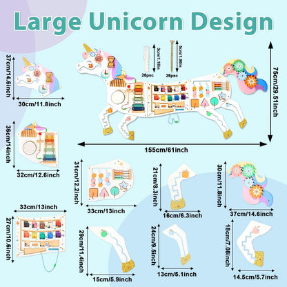 5FT Large Unicorn Activity Wall Busy Board Panels Wooden Learning Activity Center Montessori Sensory Wall Panel for Kids Interactive Educational Toy for Playroom Daycare Nursery Classroom Decor Gift