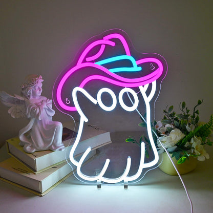 ineonlife Halloween Window Lights Cowboy Hat Ghost Neon Halloween Sign Led Sign Neon Signs For Wall Decor Light Up Signs for Children's Bedroom Party Classroom Decorations Halloween Gifts For Kids