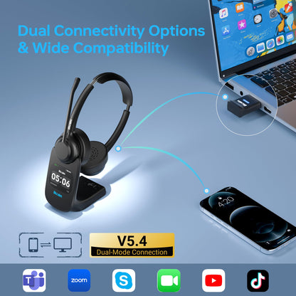 Blucalm Wireless Headset with Mic for Work - V5.4 Headset with Noise Canceling, PC Headphones with Mic Mute & USB Dongle, Smart Dock with Touch Screen for Work from Home, Teams, Zoom