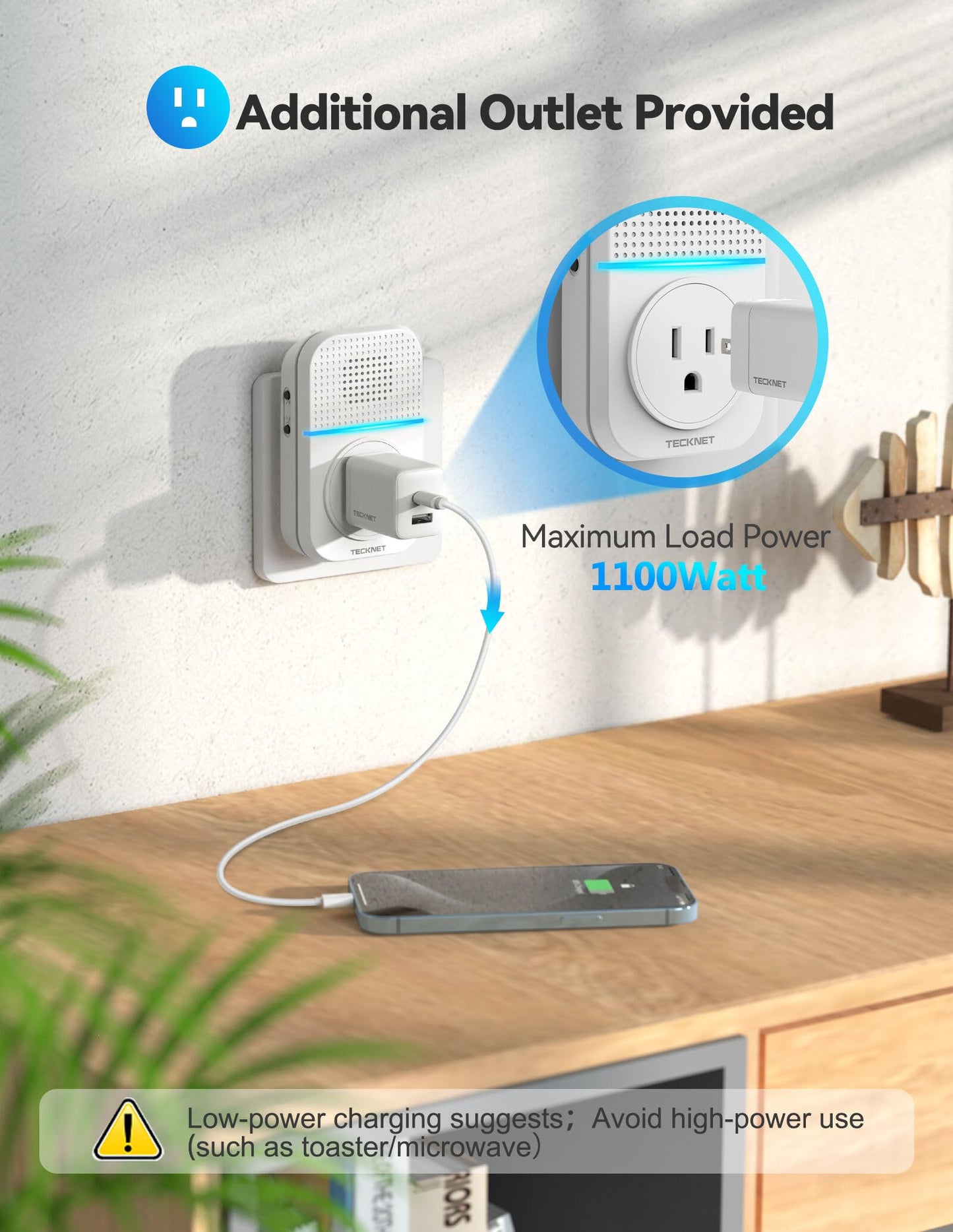 TECKNET Wireless Doorbell, Self-Powered Doorbell, 0-110db Plug-through Wireless Doorbell Ringer for Homes Classroom, IP66 Waterproof 1300ft Door Chime with Extra Socket, 60 Chimes, LED Light (White)