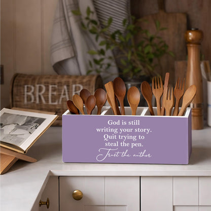 GGED God is Still Writing Your Story Pen Holder, Inspirational Desk Organizer, Wooden Pencil Caddy with 3 Compartments for Office, Home, Classroom