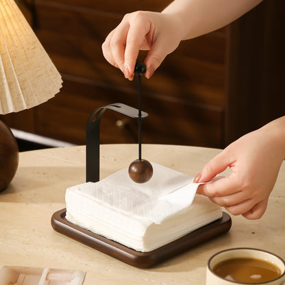 Napkin Holder with Wooden Base and Black Metal Frame, Modern Style for Dining Table (square)