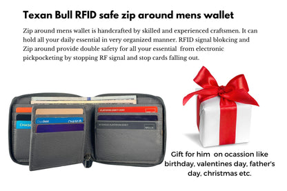 Texan Bull RFID Blocking Bifold Cowhide Leather Wallets For Men With Zipper Security | Safe Metal Zip Chain 9 Card-ID Slim Minimalist Mens Wallet (Gray)