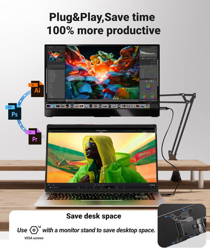 Ingnok Portable Monitor, Ultra Slim 15.6 Inch FHD IPS Laptop Screen Extender with Adjustable Stand, USB C Compatible, Ideal for Travel and Office