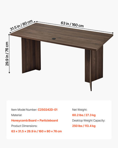 VEVOR 63 in Executive Desk, Large Modern Rectangle Office Table, Heavy Duty Wooden Executive Table with Cable Connection Hole, 250 LBS Load Capacity, Easy Assembly, for Work Study Writing, Walnut