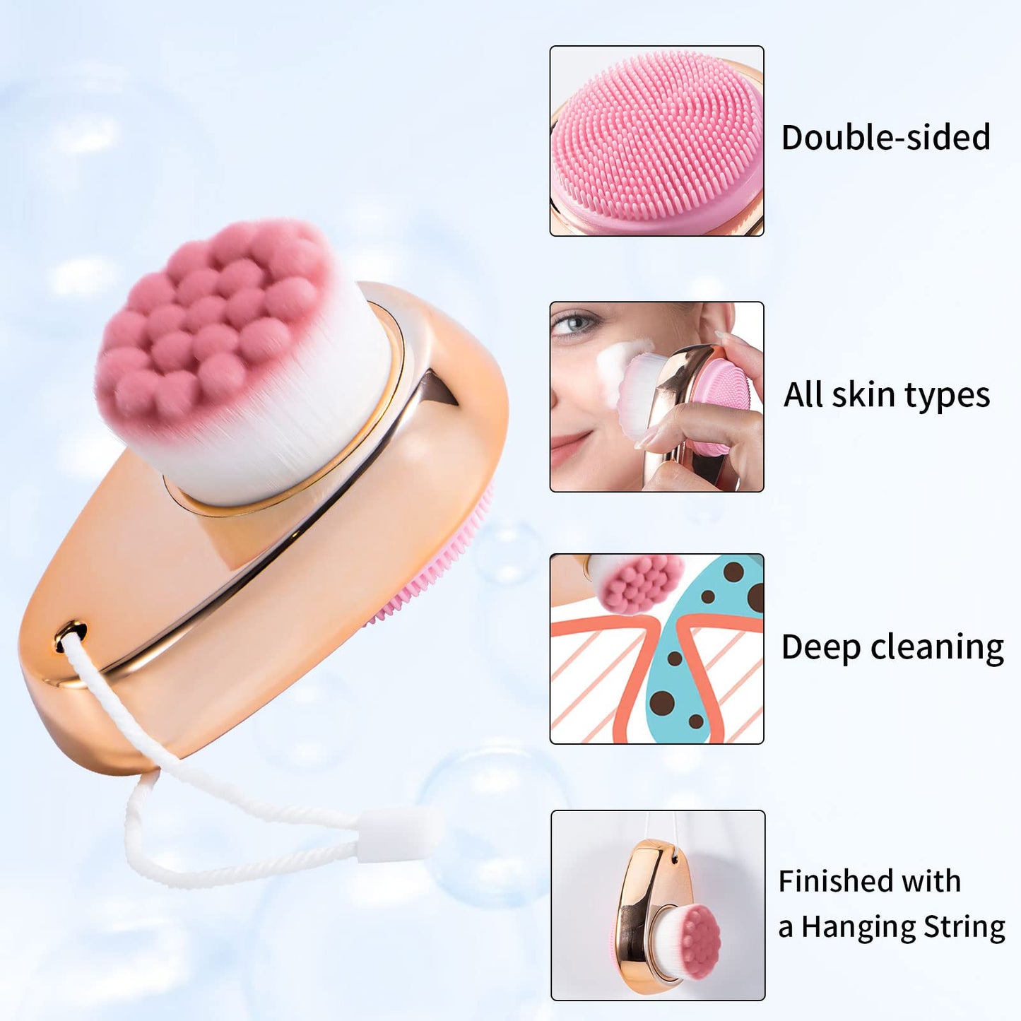 2 Pack Facial Cleansing Brush 2 in 1 for Face Exfoliation, Soft Bamboo Charcoal Microfiber Bristle Dual Face Silicone Scrubber Brush for Pore Deep Cleansing Skincare with Lid, Black+Gradient