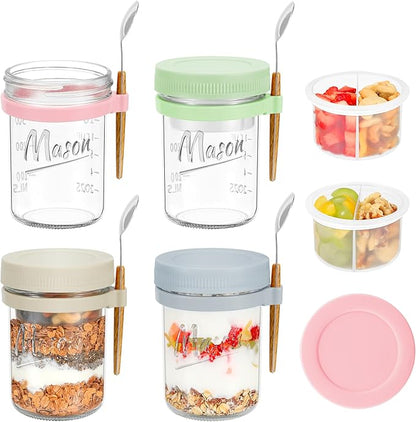 Xyptorix 4 Pack Overnight Oats Containers with Lids and Spoons, 16 oz Mason Jars with Removable Separate Compartments, Airtight and Leak-Proof Glass Jars for Chia Pudding, Yogurt, and Oatmeal