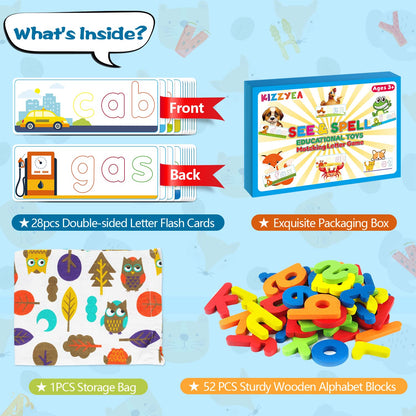 Learning Educational Toys for 2 3 4 5 6 Years Old Boys Girls, See & Spell Matching Letter Game with Alphabet Cards for Kids, Preschool CVC Word Builders Toy, Christmas Birthday Gifts for Age 2-4 4-6