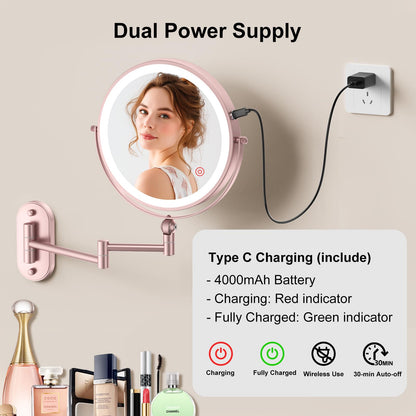 9" Wall Mounted Lighted Makeup Mirror,4000mAh Rechargeable Double Sided 1X/10X Magnifying Mirror with Light,3 Color Lights,Touch Dimmable,Extended Arm 360 Rotation Wall Mounted Makeup Mirror
