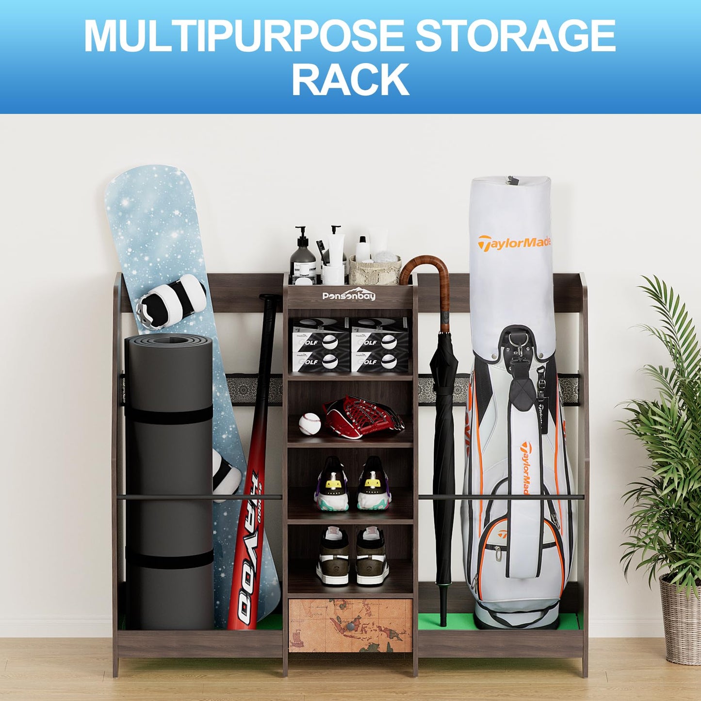 Ponsonbay Golf Bag Storage Organizer for Garage, Premium Wooden 2 Golf Bags Rack with Drawer, Easy Assemble Golf Club Stand/Holder Suitable for Garage Home Simulator and Office