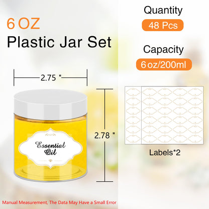 PeacePeo Plastic Jars 6 OZ, 48 Pcs Plastic Jars with Lids Round Wide Mouth Slime Containers with White Lids Empty Small Storage Jar for Travel, Home Kitchen Food, Arts Crafts