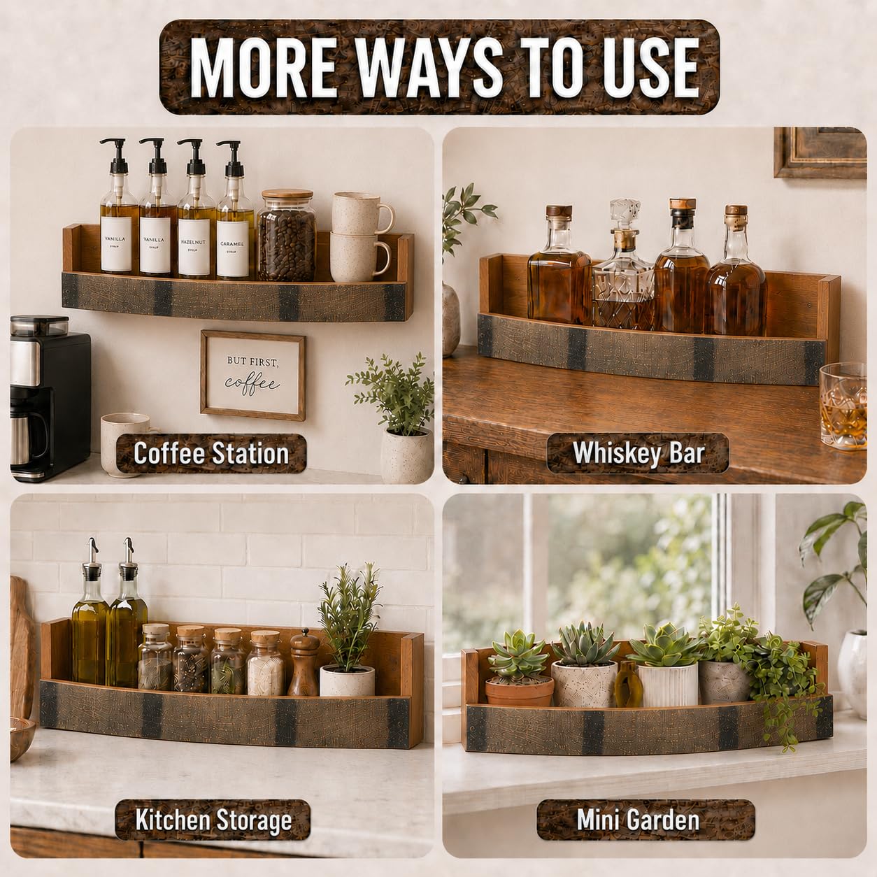 Liquor Bottle Display Shelf – Whiskey Barrel Bar Shelf for Whiskey, Wine & Bourbon – Rustic Wall-Mounted Wooden Shelves, Countertop Rack, Stylish & Space-Saving Small Liquor Cabinet for Enthusiasts