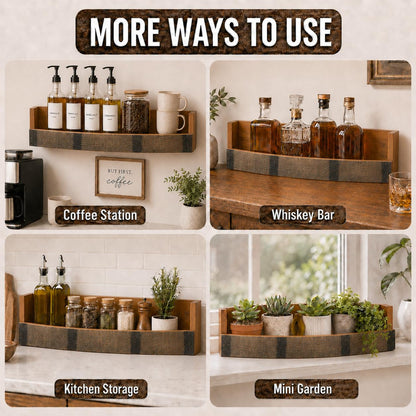 Liquor Bottle Display Shelf – Whiskey Barrel Bar Shelf for Whiskey, Wine & Bourbon – Rustic Wall-Mounted Wooden Shelves, Countertop Rack, Stylish & Space-Saving Small Liquor Cabinet for Enthusiasts