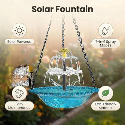 2026 Solar Cascade Hanging Bird Bath Fountain - 3 Layers Outdoor Water Feature for Hummingbirds, Easy-Clean 9.3" Glass Basin with Solar Powered Pump, Attract Wild Birds to Garden, Patio (Pink)