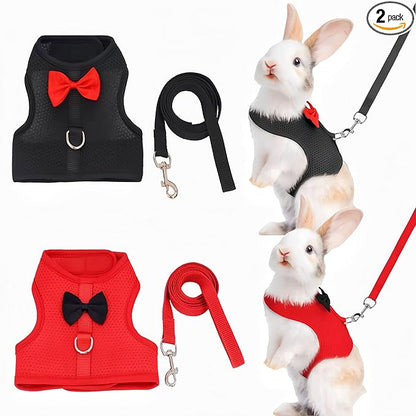 2 Pack Adjustable Bunny Rabbit Harness and Leash Set Breathable Mesh Vest Harness for Rabbits Kitten Ferret Puppy Small Pets Walking Supplies-Black&Red,L