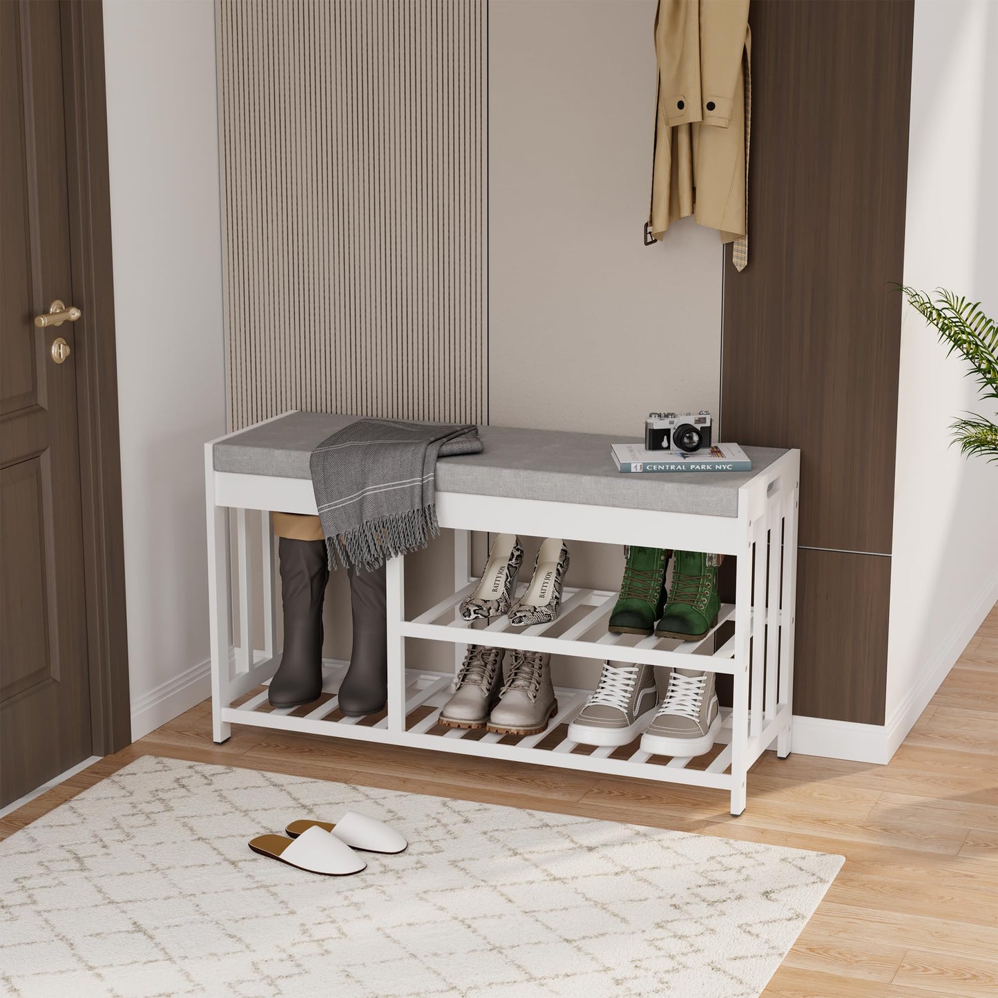 APRTAT 3-Tier Bamboo Shoe Rack Bench, Shoe Storage Organizer Bench, Entryway Benchs, Shoes Rack for Front Door Entrance, Entryway Bathroom Bedroom (White, Large)