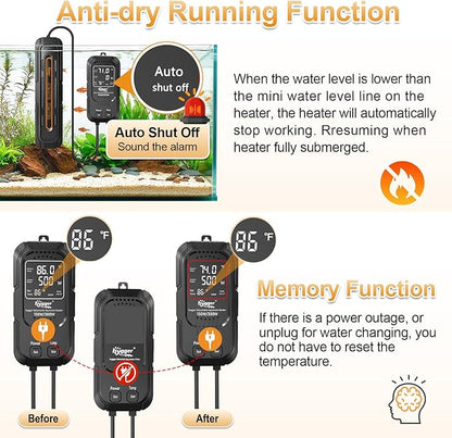 hygger Aquarium Heater, 600W/1200W Adjustable Power Fish Tank Heater with Digital Display External Controller, Automatic Power-Off Protection Heater for 132-238 Gallons Freshwater and Saltwater Tank
