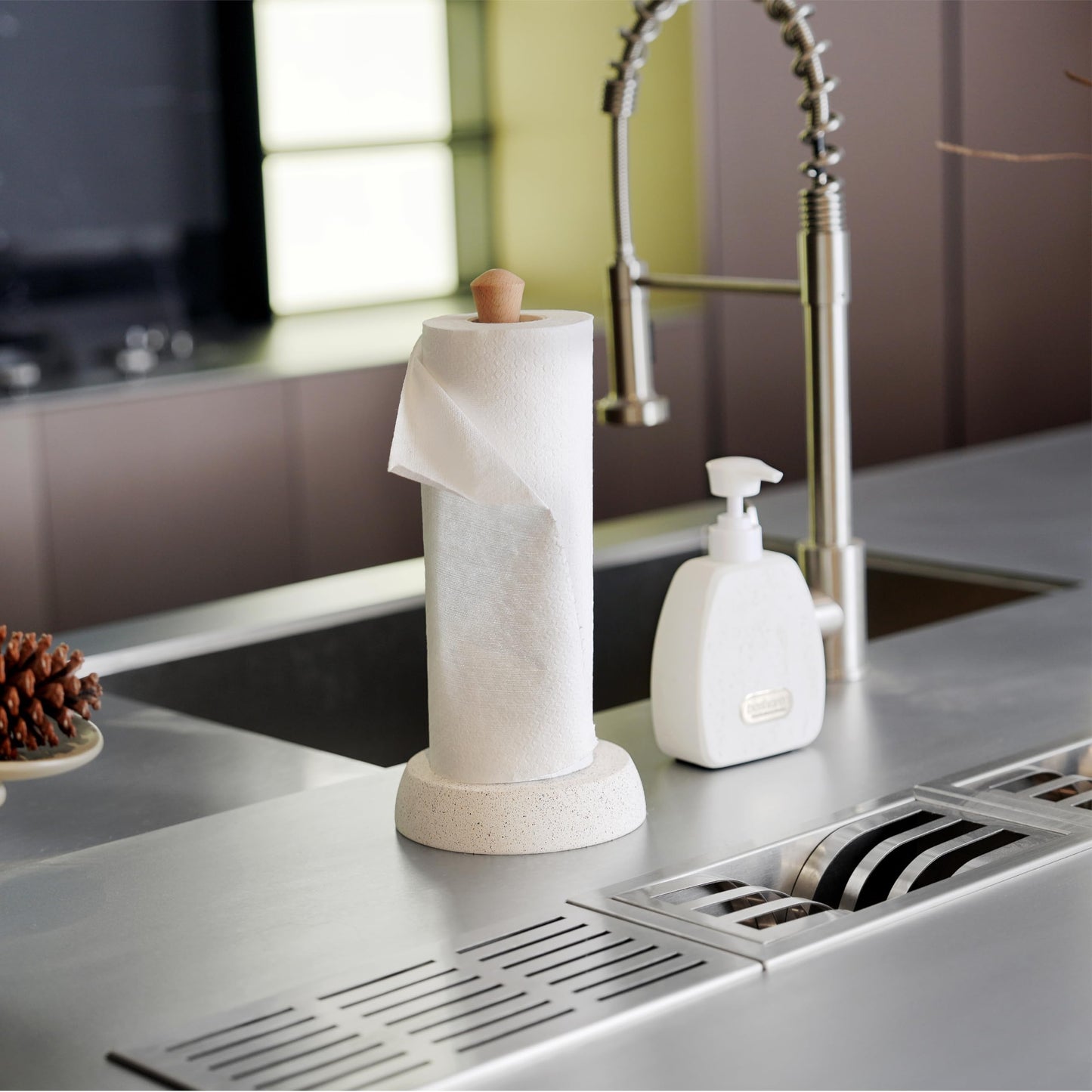 BOSHARON Kitchen Paper Towel Holder, Free Standing Cement Base with Beech Wood Rod, Modern Countertop Dispenser for Bathroom & Kitchen