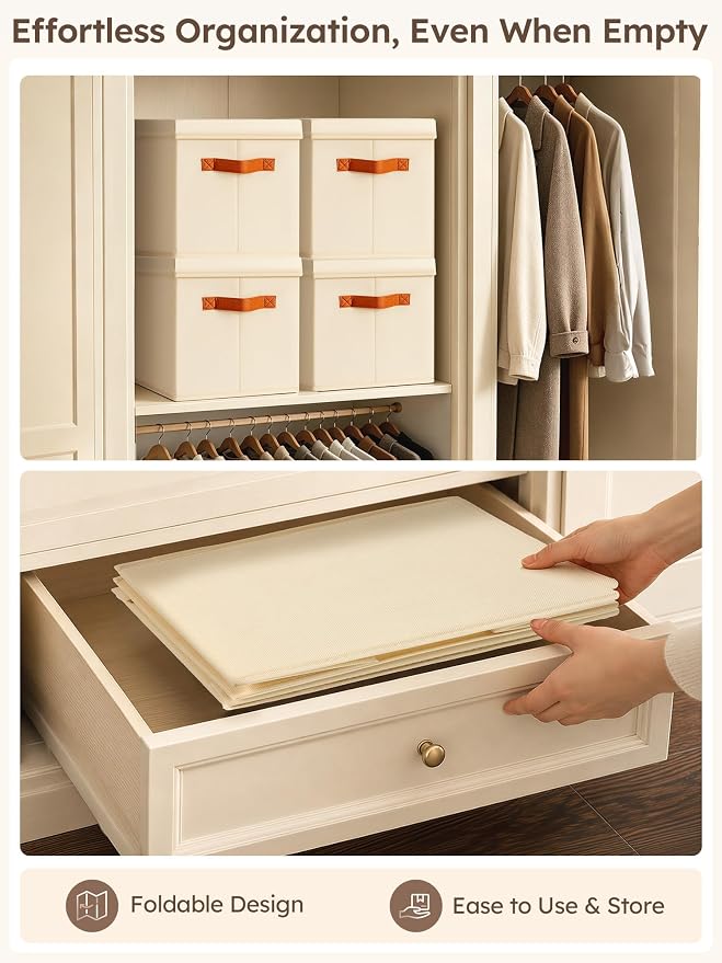 Homsorout Storage Bins with Lids - Fabric Storage Baskets for Shelves, 6 Pack Foldable Decorative Boxes with Handles, Stackable Organizer Bins for Home, Nursery, Dorm, Beige