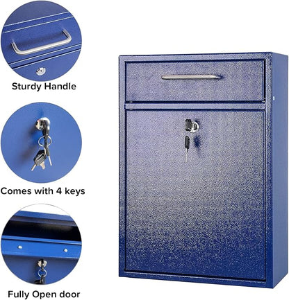 Wall Mounted Locking Vertical Dropbox Mailbox - Safe and Secure (Large) | Made with Galvanized Steel | Blue