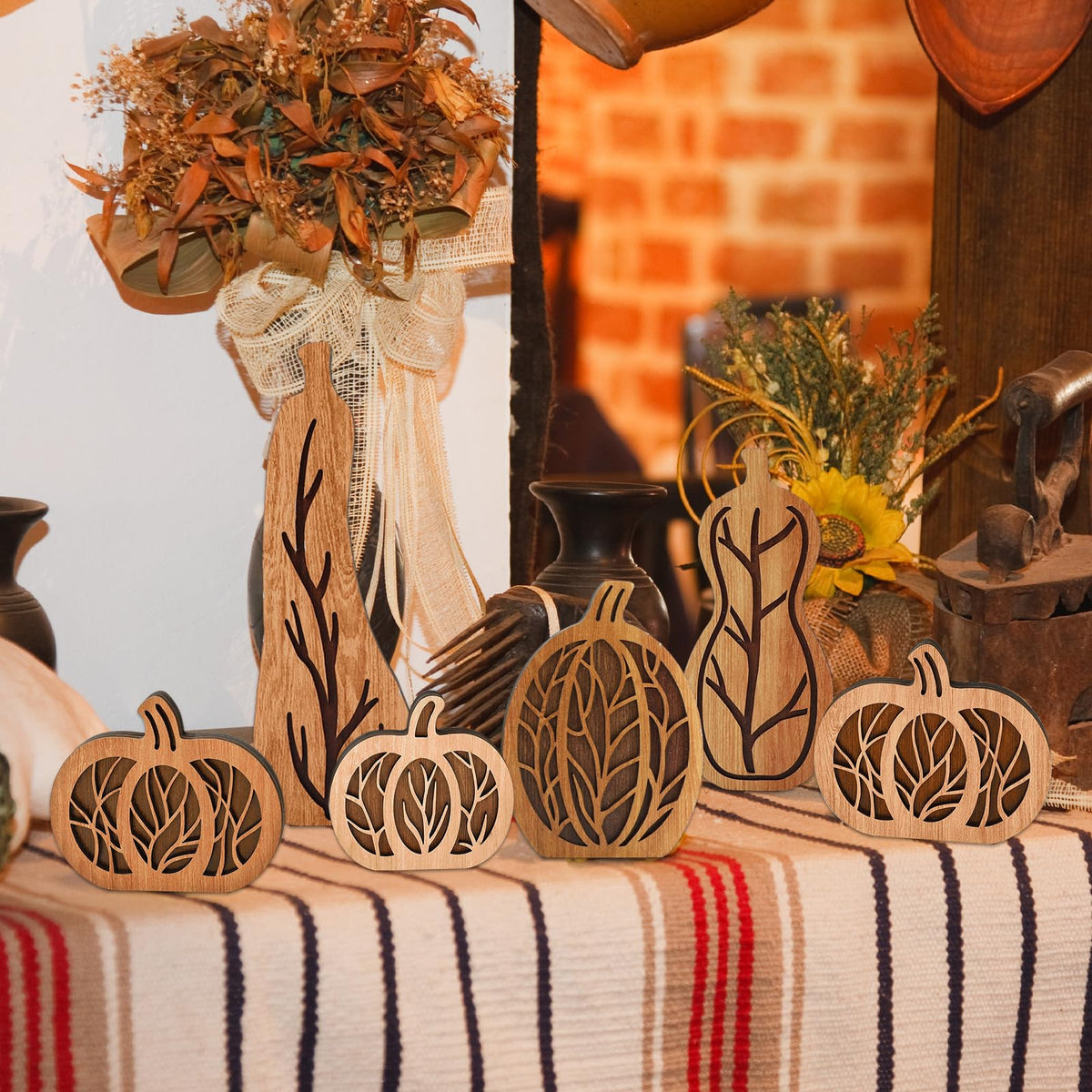 JarThenaAMCS 6 Pcs Fall Pumpkin Wood Table Sign Natural Wood Hollow Carved Pumpkin Rustic Autumn Tabletop Centerpieces for Farmhouse Thanksgiving Home School Office