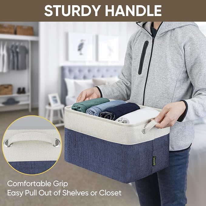 BALEINE 2 Pack Fabric Closet Storage Bins for Shelves, Linen Closet Organizers and Storage, Decorative Baskets for Organizing, Shelf, Clothes, Home, Office (Navy Blue, 15"x11"x9.5")