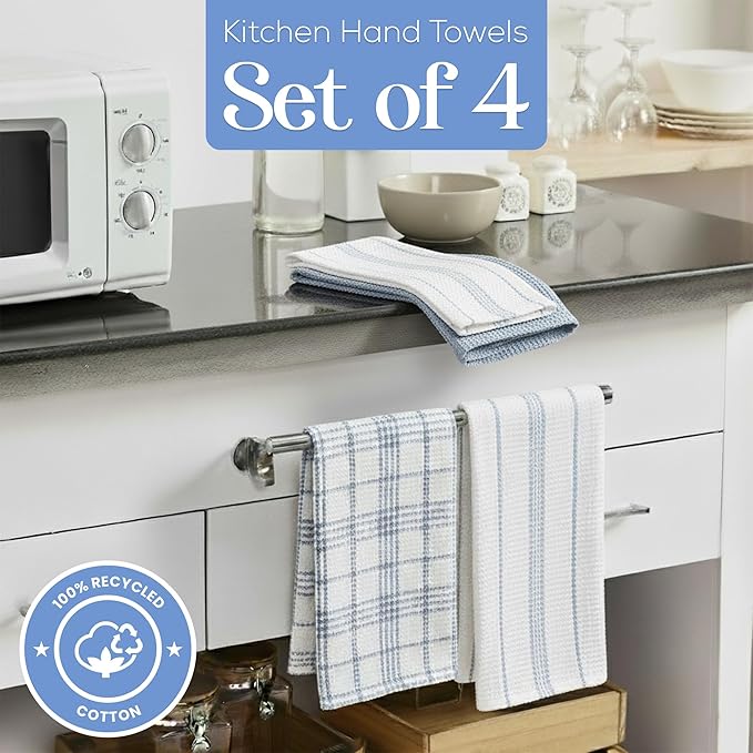MosJos Kitchen Towels Set of 4 Dish Towels Blue n White Waffle Weave Cotton