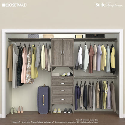 ClosetMaid SuiteSymphony Wood Closet Organizer Kit with Tower, 3 Hang Rods, Top Shelves, 4 Drawers, Doors, Adjustable, Fits Spaces 6 - 10 ft. Wide, Graphite Grey