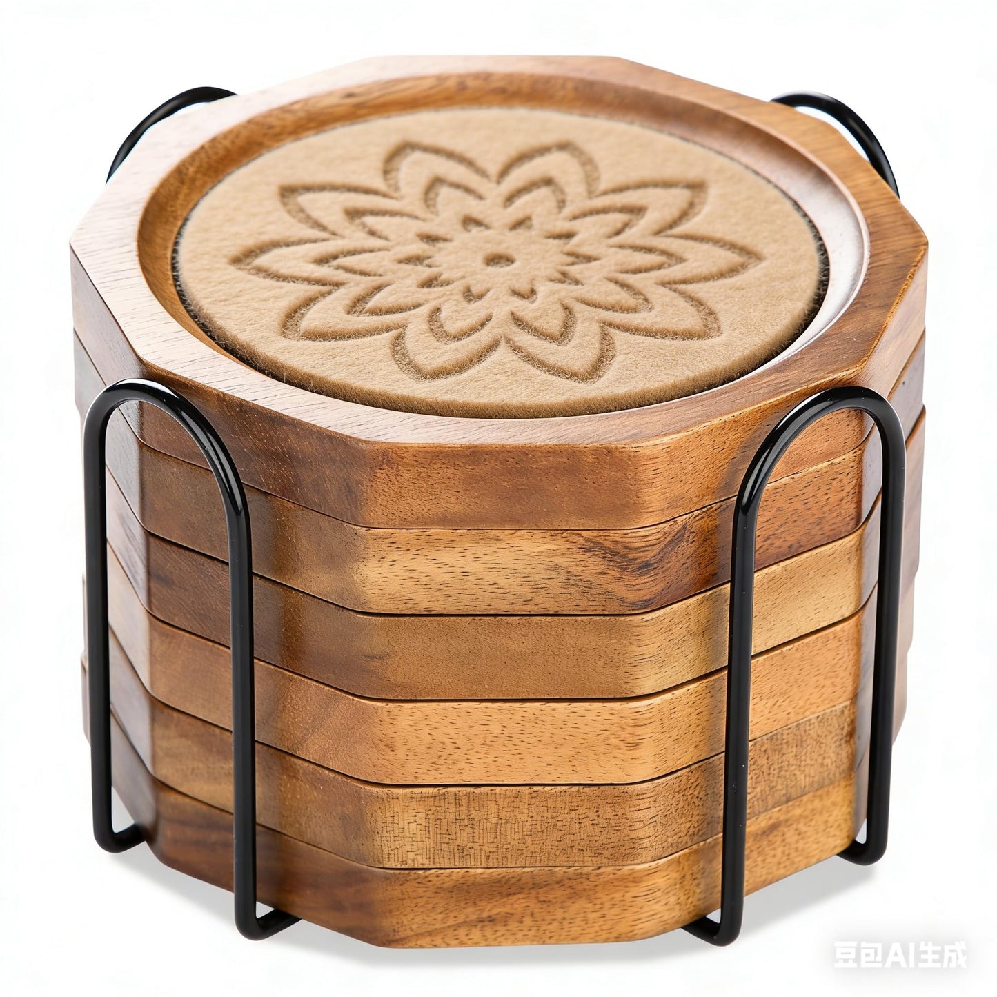 Wood Coasters for Drinks Absorbent with Lip, 4.3 Inch Acacia Wood Camel Felt Coaster with Holder for Wooden Coffee Table for Cups, Mugs, and Glasses - Set of 6