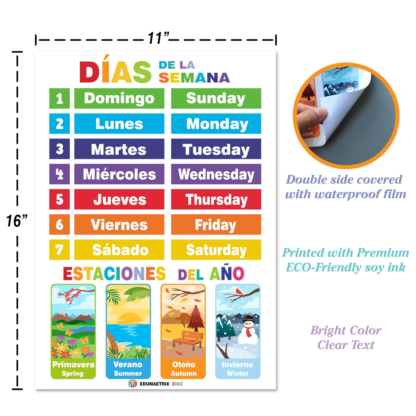 20 Spanish English Bilingual Educational Posters Water Proof Learning Chart for Preschool, Kindergarten, Classroom Decoration, Alpabet, Alfabeto, Numbers...( Flat Packaging 11"x16" )