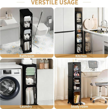 2-Tier Narrow Slim Bathroom Storage Cabinet with Wheels, Black | Tool Free Assembly, Adjustable Shelves, Fits for Narrow Spaces, Reinforced Stability, Magnetic Clear Door