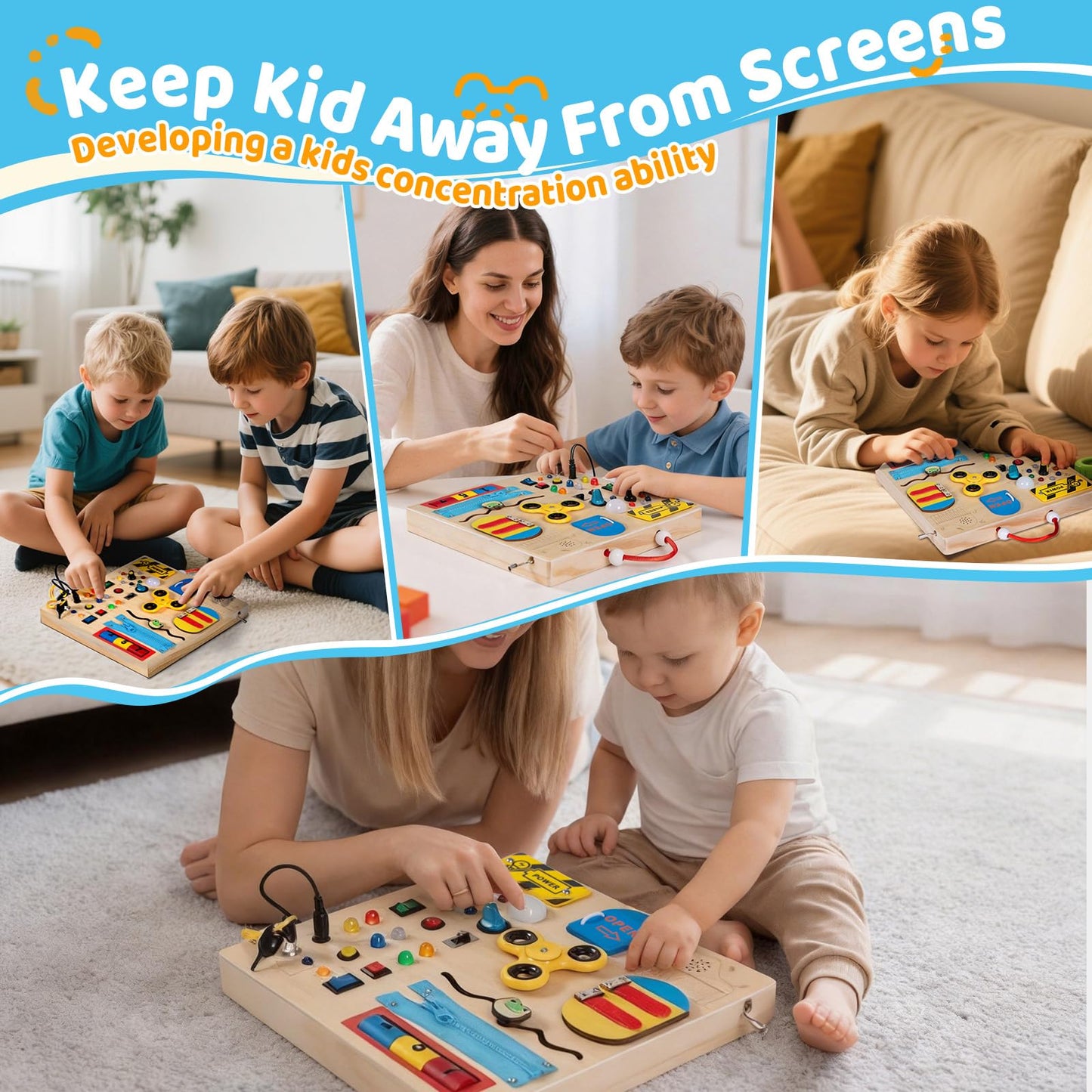 GNAYUIJ Wooden Busy Board Montessori Toy for Toddlers,Educational Learning Toy for 1 2 3 Year Boys & Girls,Sensory Activity Board with LED Light & Music Boxes, Travel Toys for Kids Birthday Gift