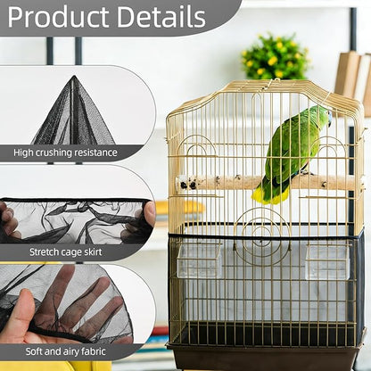 Bird Cage Seed Catcher Guard, Adjustable Stretchy Net Cover for Parrot Enclosures, Bird Cage Skirt Netting, Seed Catcher for Protective Shield for Parrot Enclosures (Black)