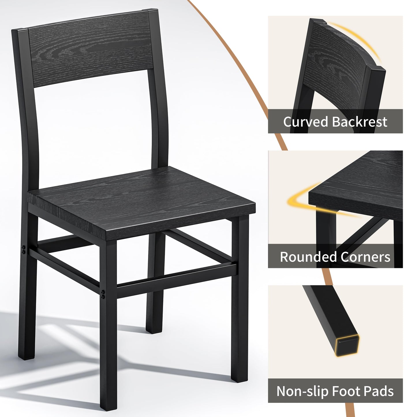 MECHYIN Dining Chairs Set of 4, Rustic Wood Dining Room Chairs with Thickened and Strengthened Metal Steel Frame & Slat Back, Modern Farmhouse Chair for Kitchen, Dining Room (4, Dark Black)