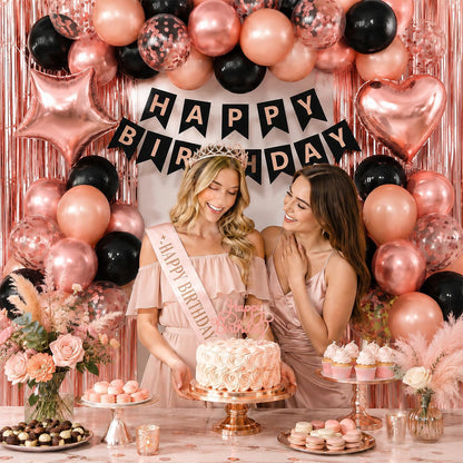 Black Rose Gold Birthday Decorations for Women Girls,Rose Gold Latex Balloons with Happy Birthday Banner,Fringe Curtain,Cake Topper,Sash and Crown for Birthday Party Supplies