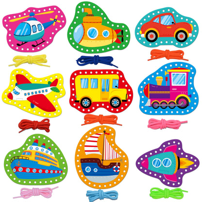 SpriteGru 9 Pieces Kids Lacing Cards, Double Sided Vehicle Sewing Cards with 9 Colorful Laces, Imagination Development Lacing Toys Games for Children Educational and Learning Activity