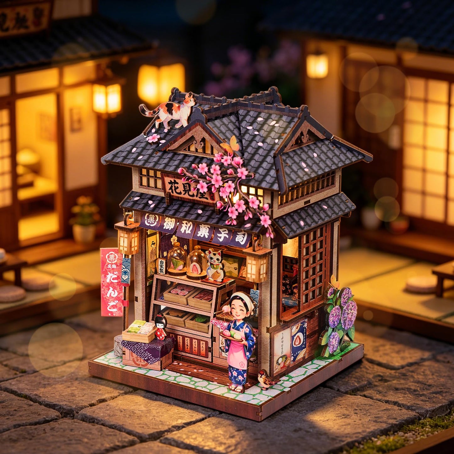 DIY Miniature Dollhouse Kit, Japanese Wagashi Shop 3D Wooden Puzzle with LED Light, Cherry Blossoms & Furniture, Cozy Home Decor, Relaxing Craft Hobby for Adults,Hanamiya