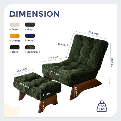MAXYOYO Accent Chair with Ottoman Adjustable Backrest, Tufted Living Room Chair Upholstered Lounge Chair with Footrest Set, Modern Chair Cozy Reclining Chair for Reading Room, Green