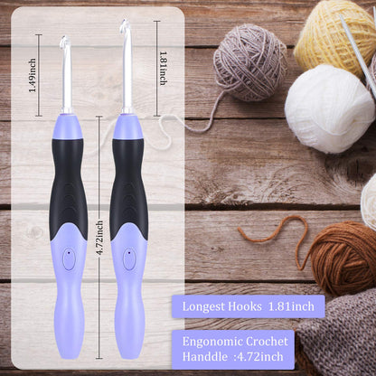 Chuangdi 11 Sizes Lighted Crochet Hooks Set Rechargeable Crochet Hook Light up Hooks with Case, Interchangeable Heads 2.5 mm to 8 mm for DIY Craft Supplies(Purple-Black)