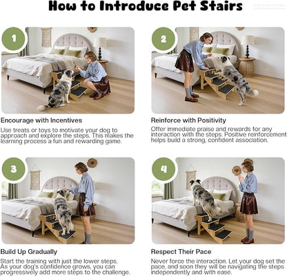 4-Step Dog Stairs for Large Dogs, Solid Wooden Dog Steps for Beds/Couch with Carpet, 24 Inches Anti-Slip Pet Stairs for High Beds, Ramp for Older/Senior Dogs, Pet Bed Stairs to Get on Bed/Sofa