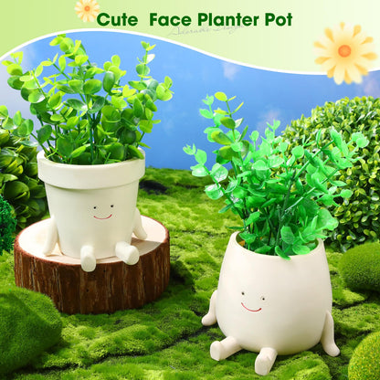 Nuogo 2 Pieces Cute Plant Pots Face Resin Succulent Flower Pot Indoor Head Planters Fun Novelty Planters with Drainage Legs Out for Christmas Plant Lover Gardening Gift Outdoor(Classic, Cup Style)