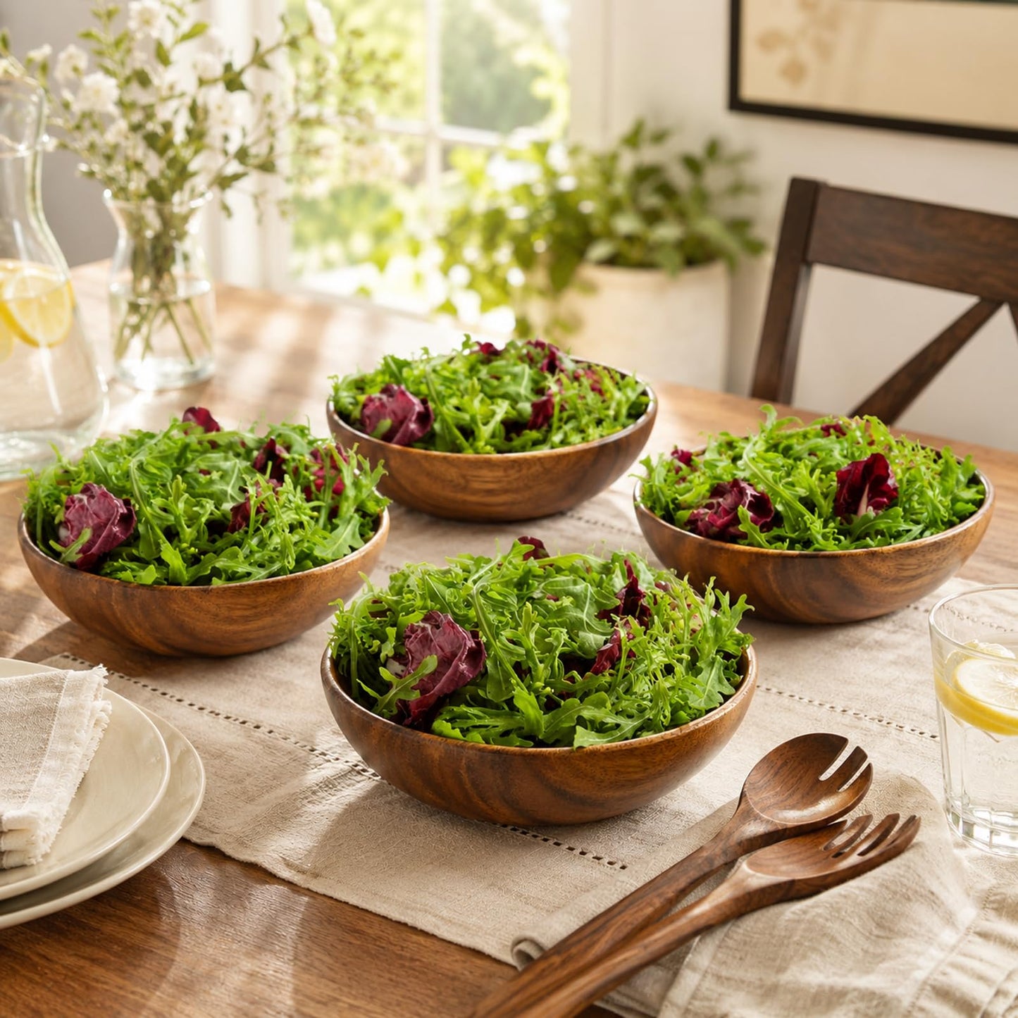 WRIGHTMART Wooden Bowls for Food Set of 4, 7 Inch Solid Acacia Wood Bowls, Joint-Free Wooden Salad Bowls, Non Laminated Handmade Bowls for Cereal, Fruit & Pasta
