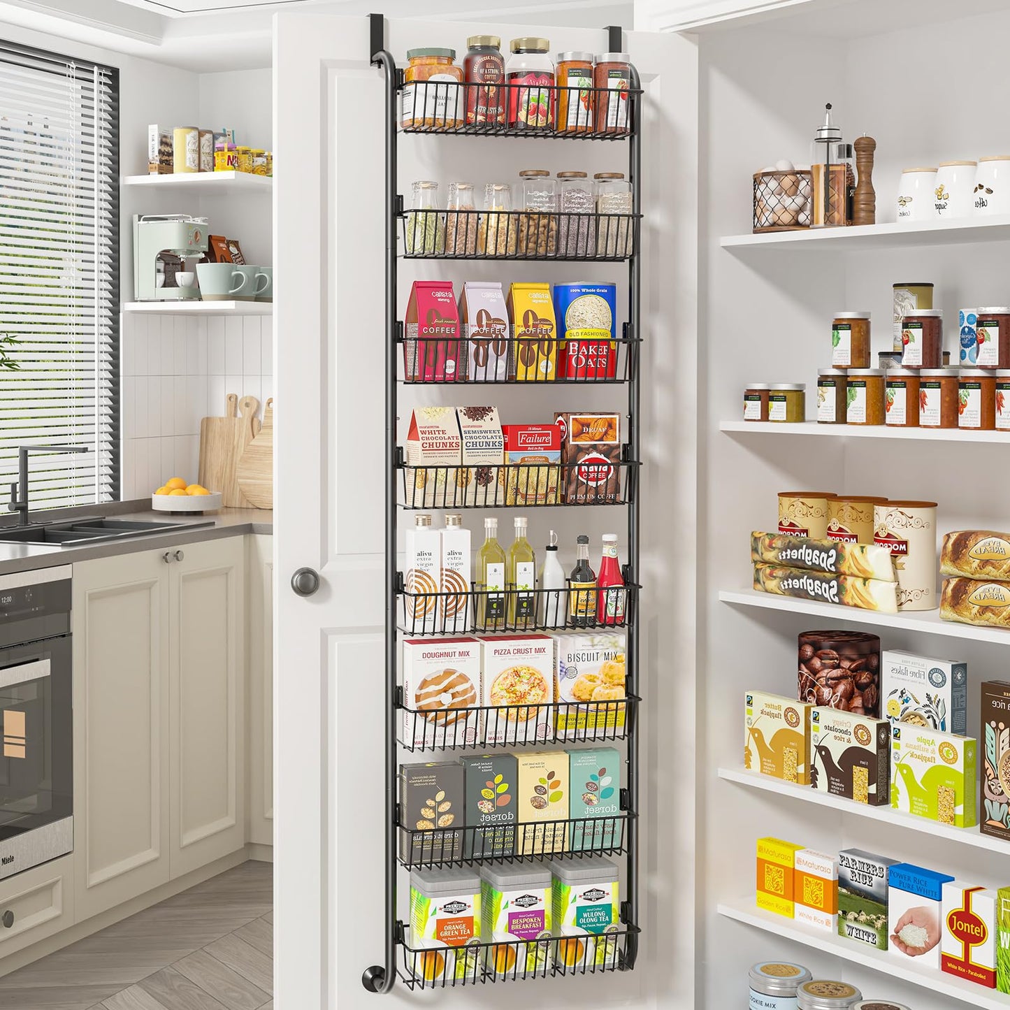 MIAOLI Over The Door Pantry Organizers and Storage, 6-Tier Spice Rack, Home & Kitchen Storage Shelves for Cabinet, Large Capacity Hanging Seasoning Organizer, Laundry Room Organization, Black