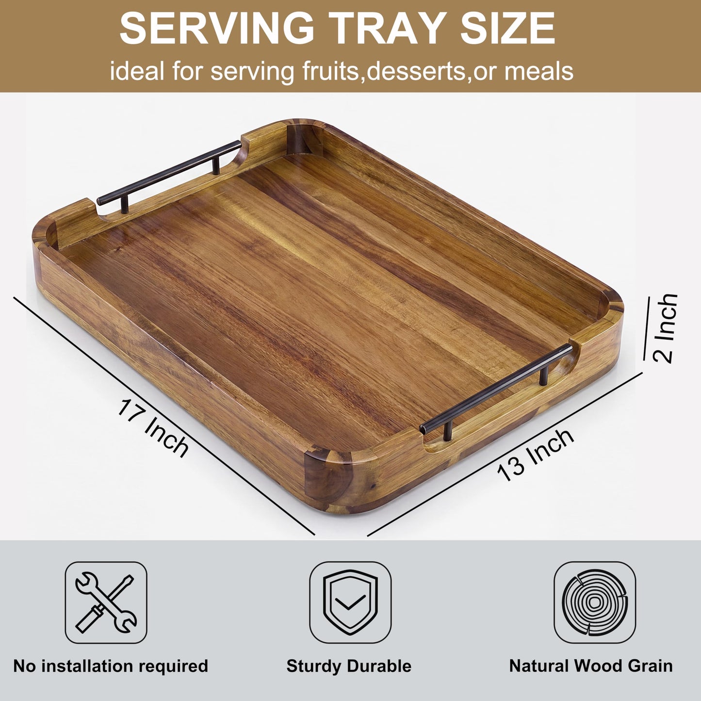 ZUJJAFY Serving Tray with Metal Handles, 17 x 13 in Acacia Wood Tray for Serving Food, Ottoman Decorative Tray Platter for Coffee Table, Living Room, Bar, Party