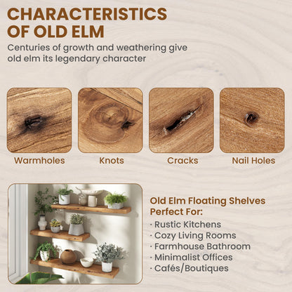 Live Edge Elm Wood Floating Shelves, 36 Inch Long Wall Shelves 2 Pack Shelf for Farmhouse Bedroom Bathroom Kitchen, Wall Mounted Wooden Shelf with Invisible Bracket for Books Decor, Natural
