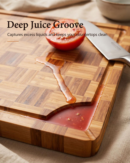 Plusinthebox Bamboo Cutting Board 18" x 12", Heavy Duty Checkered End Grain Butcher Block for Kitchen with Deep Juice Grooves and Handles for Meat, Cheese, Charcuterie and Dough