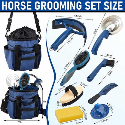 Cunhill 9 Pcs Horse Grooming Kit Tack Room Supplies Set with Tote Bag, Oval Massage Curry, Hard and Soft Brush, Hoof Pick, Sweat Scraper, Bathing Sponge, Comb for Horse Rider(Classic,Dark Blue)