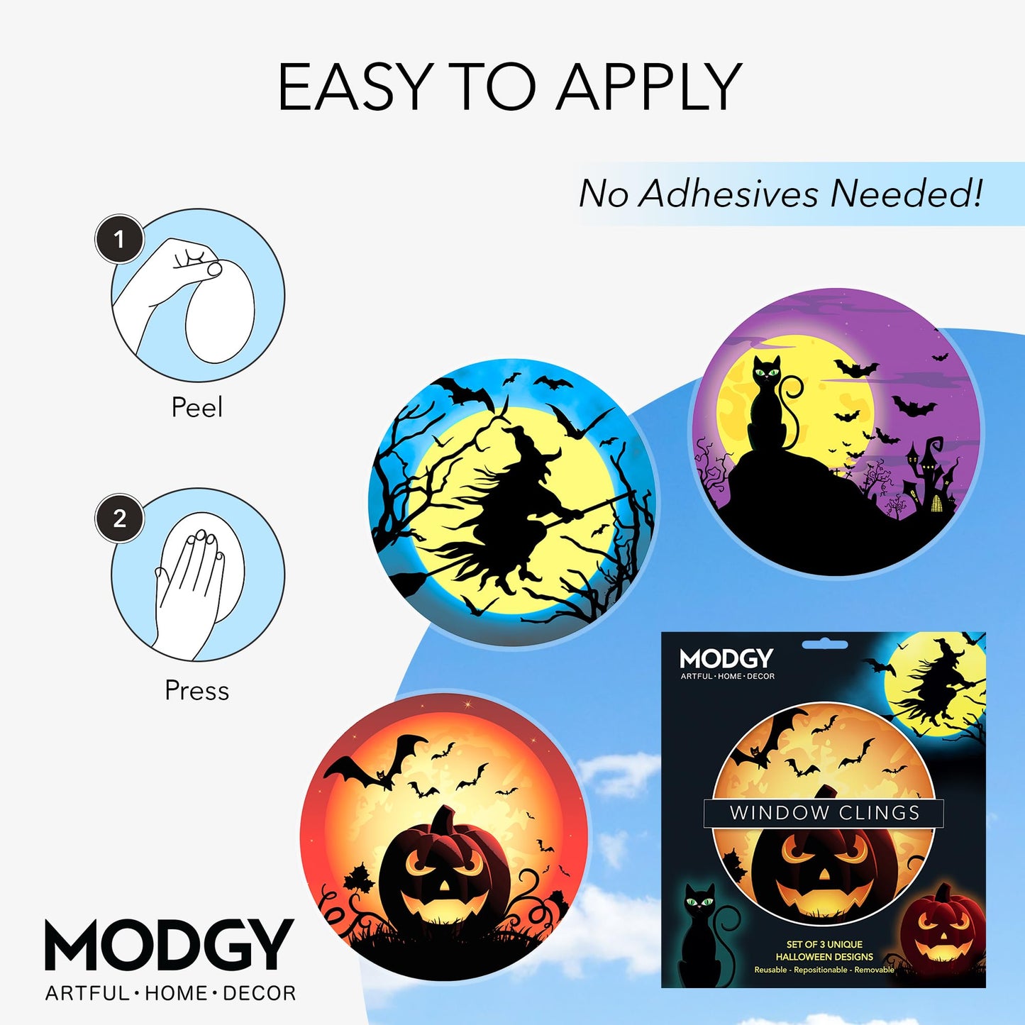 MODGY Window Art Clings, Decal Stickers and Decorations for Glass, Peel and Stick Decor, Removable, Reusable, 9 Inches Each, Set of 3 Per Sleeve, Halloween