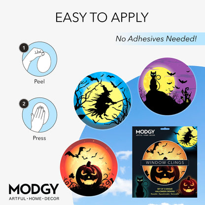 MODGY Window Art Clings, Decal Stickers and Decorations for Glass, Peel and Stick Decor, Removable, Reusable, 9 Inches Each, Set of 3 Per Sleeve, Halloween